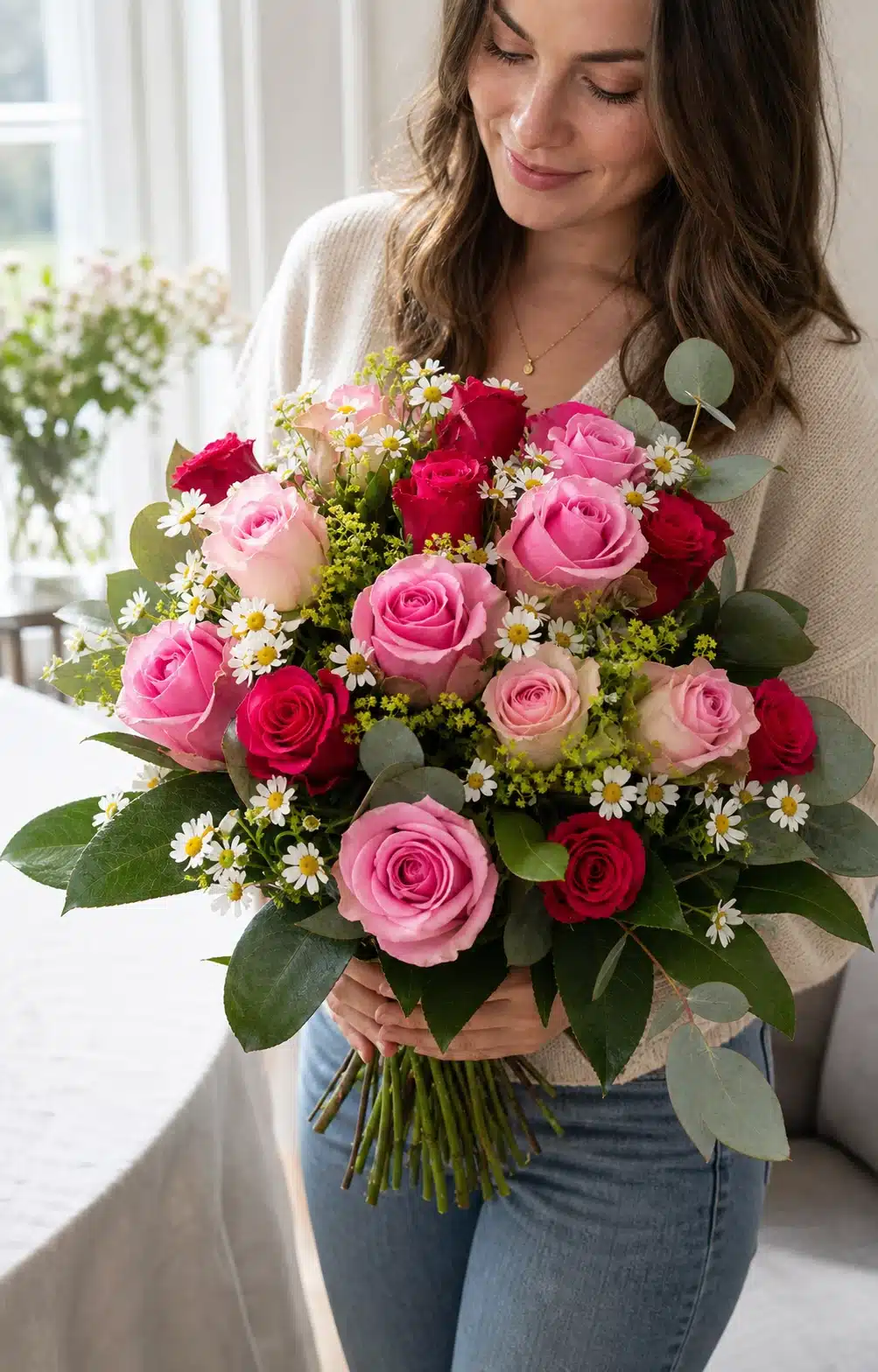 Rosentraum 8 Empfängerin freut sich über den Rosenstrauß Rosentraum
