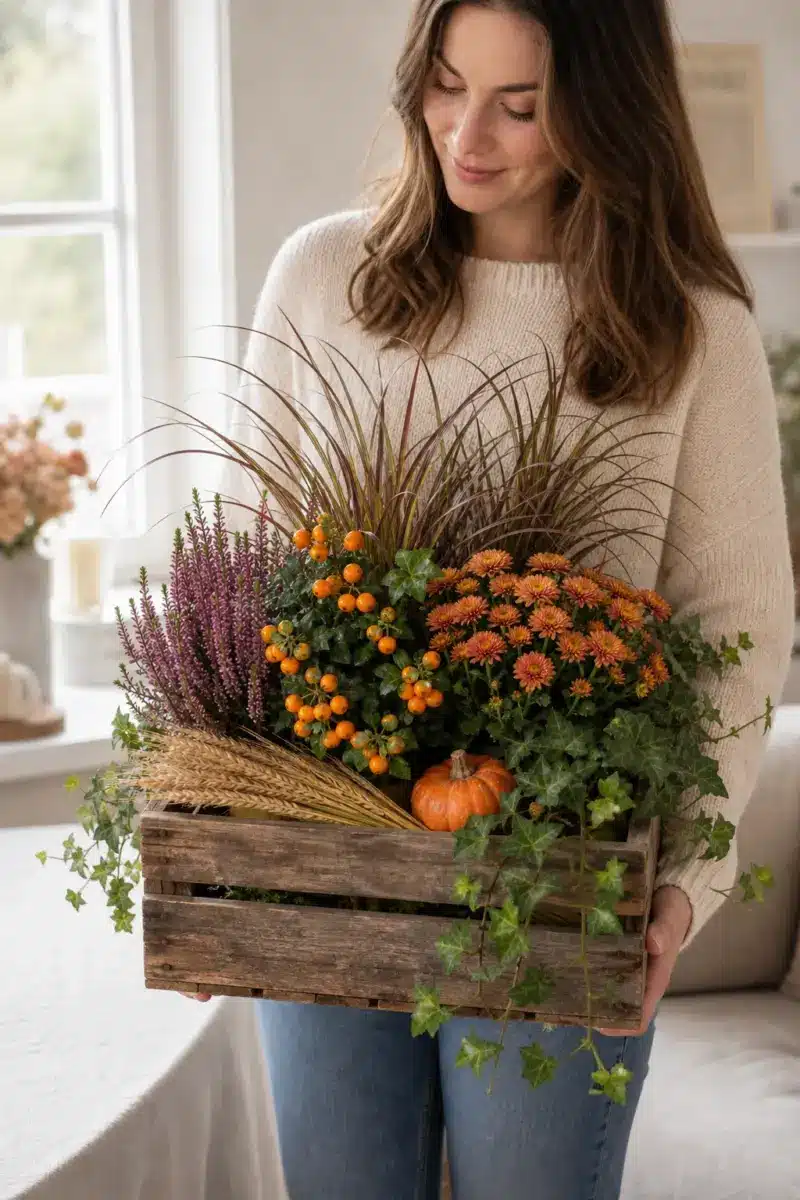 Empfaengerin haelt Ab in die Kiste als herbstlich bepflanzte Holzkiste mit Solanum Chrysantheme Erika Gras Efeu Aehrenbuendel und Kuerbis zuhause - Blumenstrauß von Blumen Mankopf in Hagen