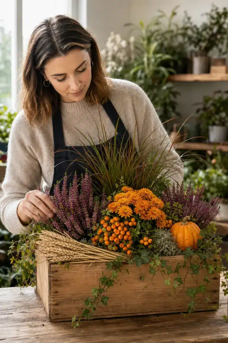 Floristin bereitet Ab in die Kiste als bepflanzte Holzkiste mit Solanum Chrysantheme Erika Gras Efeu Aehrenbuendel und Kuerbis vor - Blumenstrauß von Blumen Mankopf in Hagen