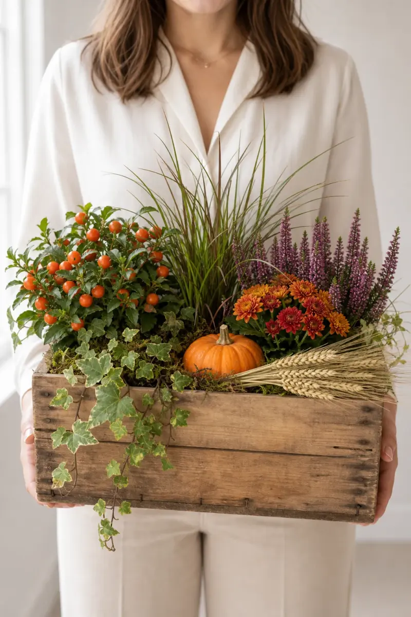 Ab in die Kiste wird als herbstlich bepflanzte Holzkiste mit Solanum Chrysantheme Erika Gras Efeu Aehrenbuendel und Kuerbis direkt in den Haenden getragen - Blumenstrauß von Blumen Mankopf in Hagen