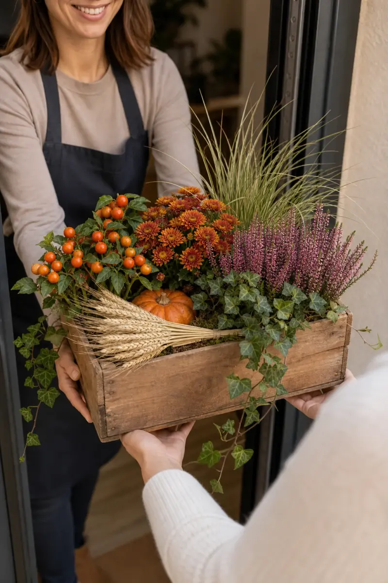 Ab in die Kiste wird an der Haustuer als bepflanzte Holzkiste direkt an die Empfaengerin uebergeben - Blumenstrauß von Blumen Mankopf in Hagen
