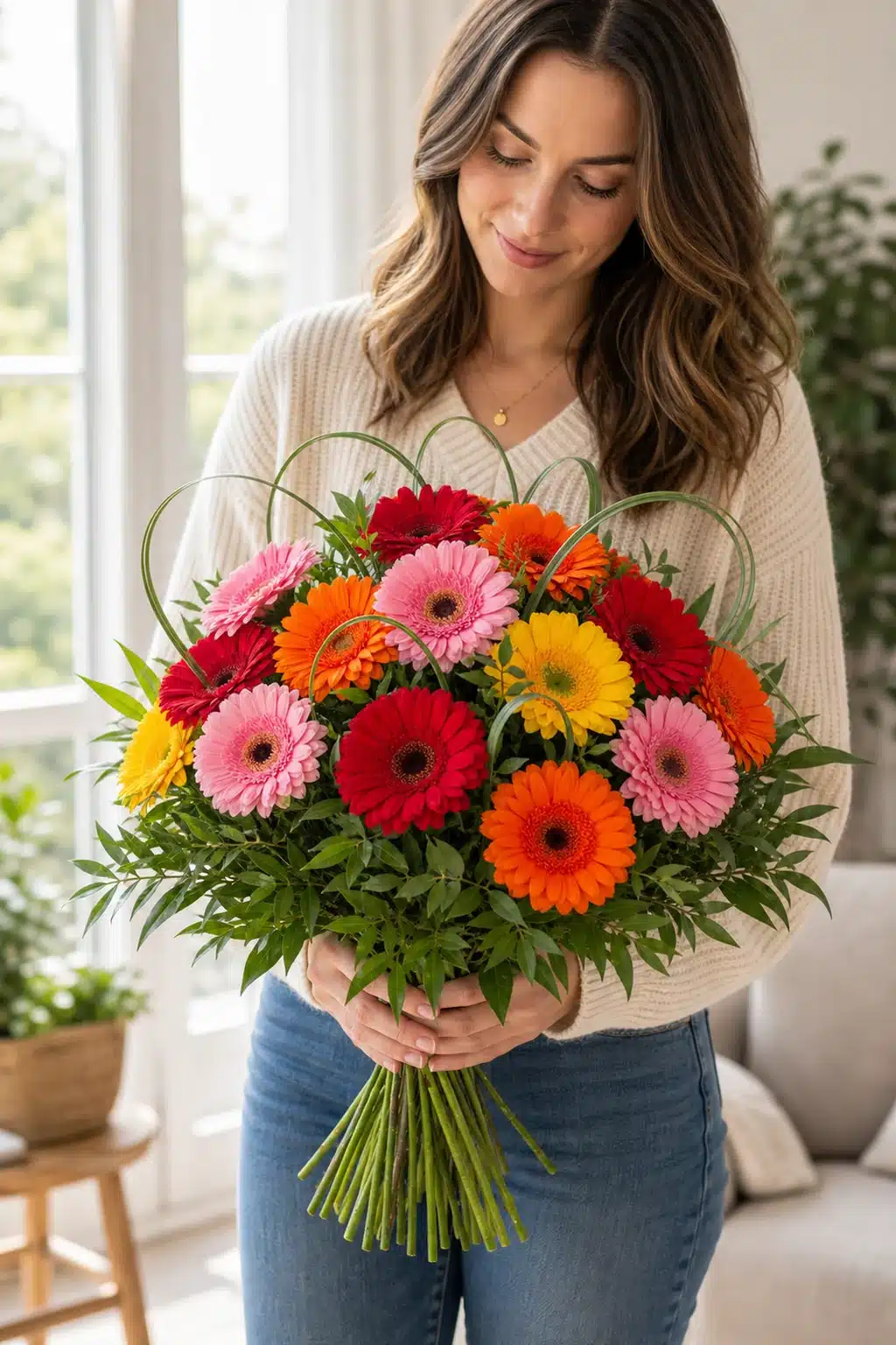 Alles Gute 8 Empfaengerin haelt den farbenfrohen Gerbera Strauss Alles Gute zuhause - Blumenstrauß von Blumen Mankopf in Hagen