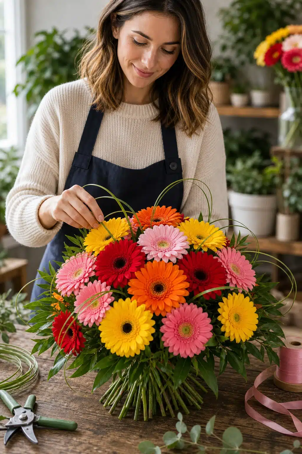 Alles Gute 5 Floristin bindet den farbenfrohen Gerbera Strauss Alles Gute - Blumenstrauß von Blumen Mankopf in Hagen