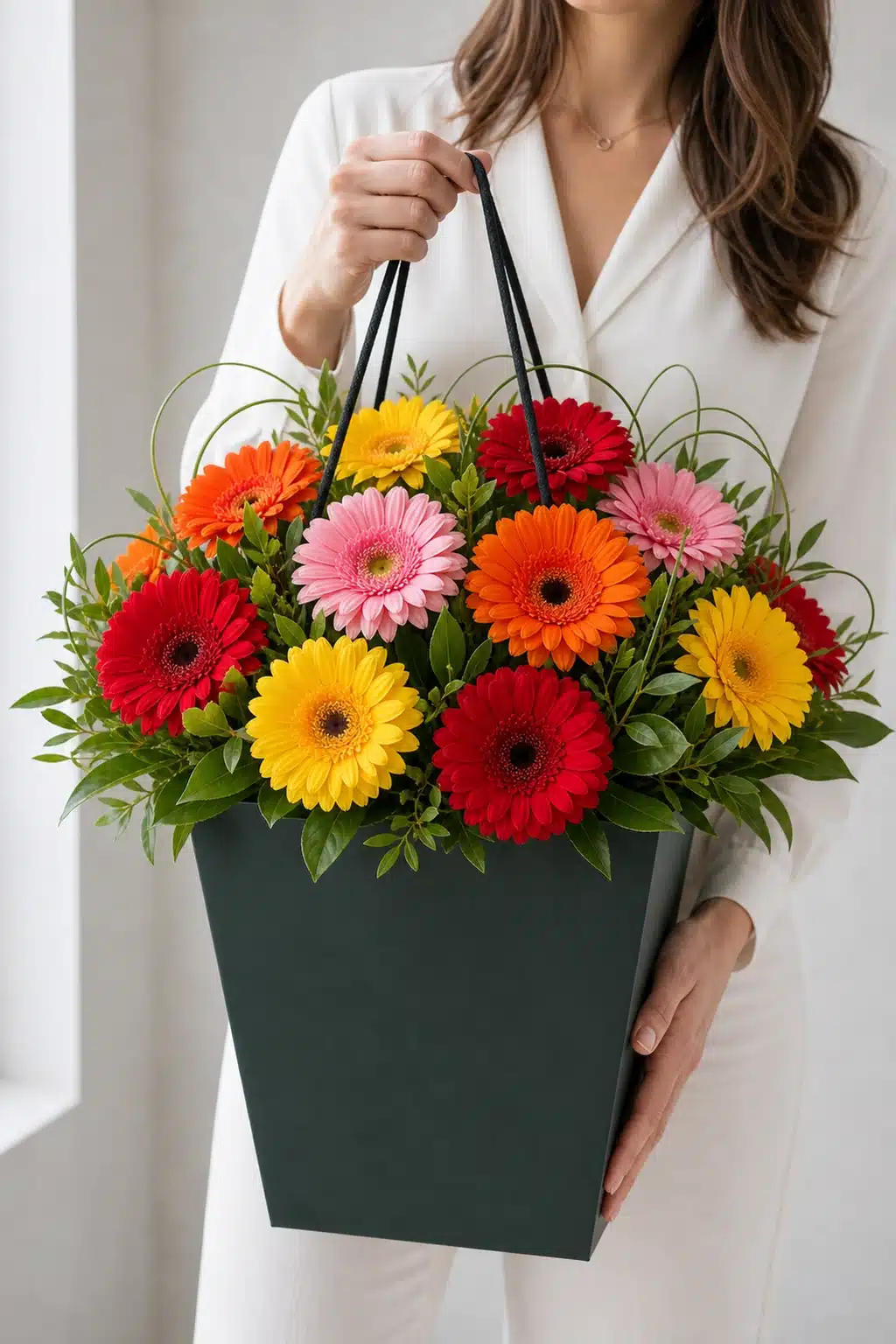 Alles Gute 6 Farbenfroher Gerbera Strauss Alles Gute wird im dunklen Flowerbag gehalten - Blumenstrauß von Blumen Mankopf in Hagen