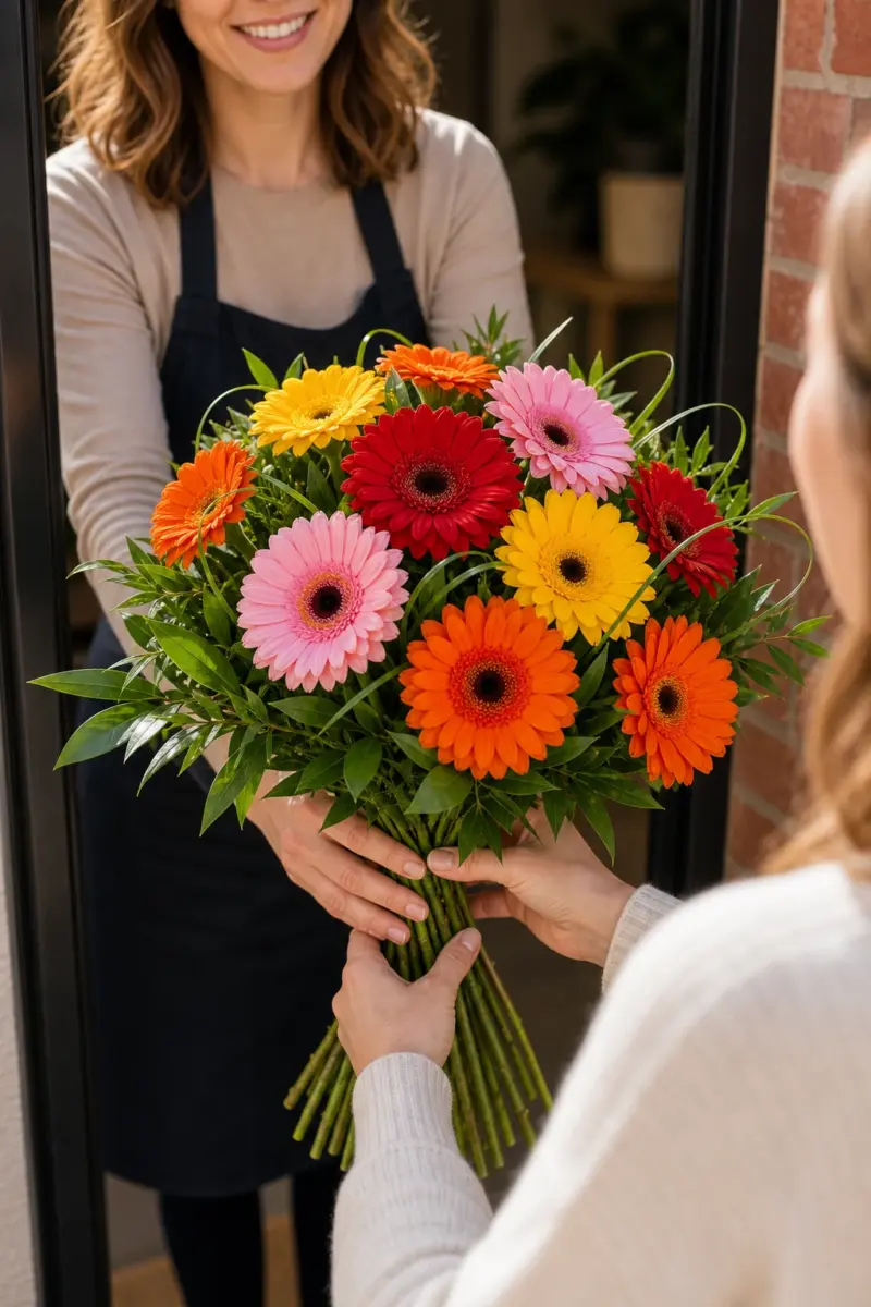 Farbenfroher Gerbera Strauss Alles Gute wird mit sichtbaren Stielen an der Haustuer uebergeben - Blumenstrauß von Blumen Mankopf in Hagen