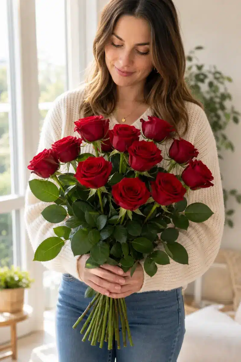 Empfaengerin haelt den roten Rosenstrauss Bachelor und Bachelorette zuhause