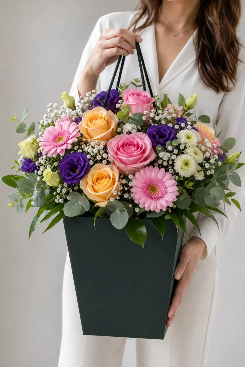 Bunter Strauss Beste Wuensche wird im dunklen Flowerbag gehalten
