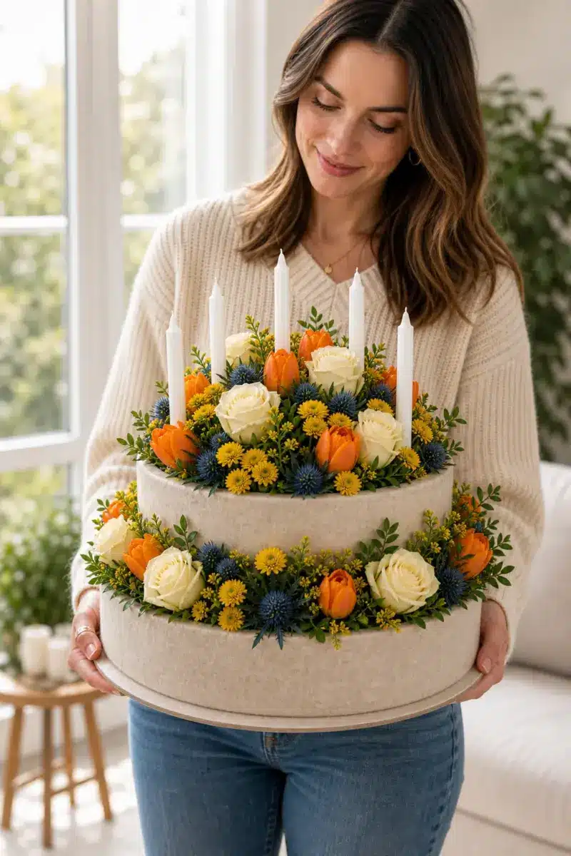 Empfaengerin haelt die Birthday surprise Blumentorte zuhause