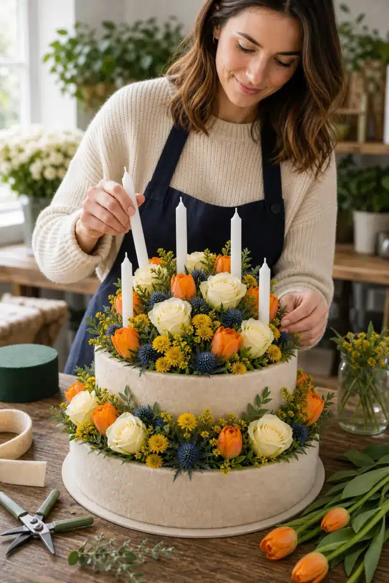Floristin gestaltet die Birthday surprise Blumentorte mit Kerzen und frischen Blumen