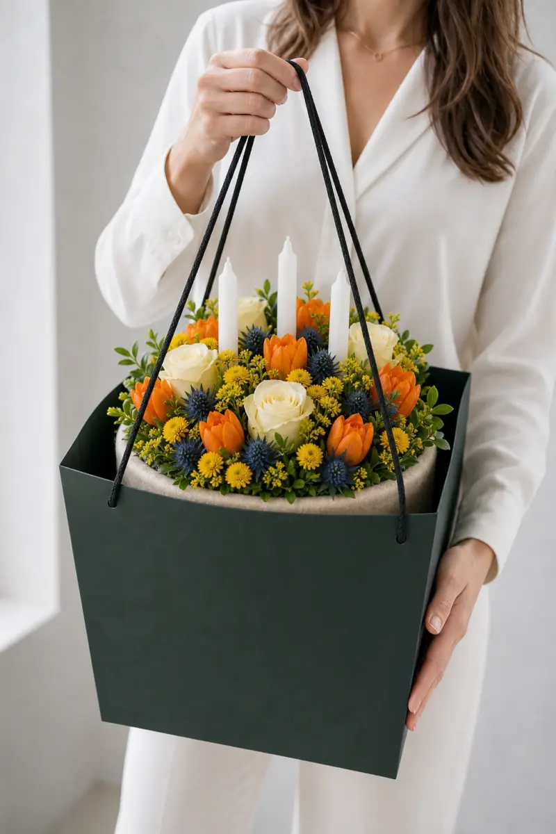 Birthday surprise Blumentorte wird im dunklen Flowerbag gehalten