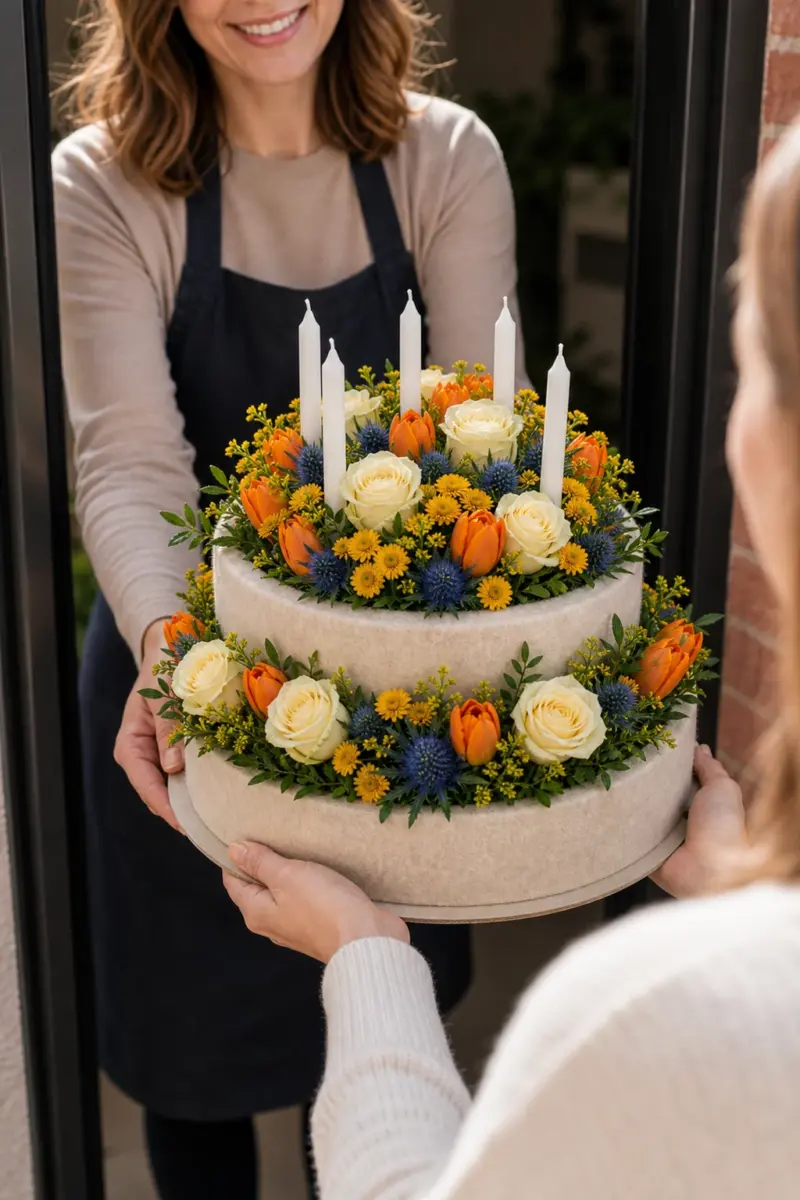 Birthday surprise Blumentorte wird ohne Flowerbag an der Haustuer uebergeben