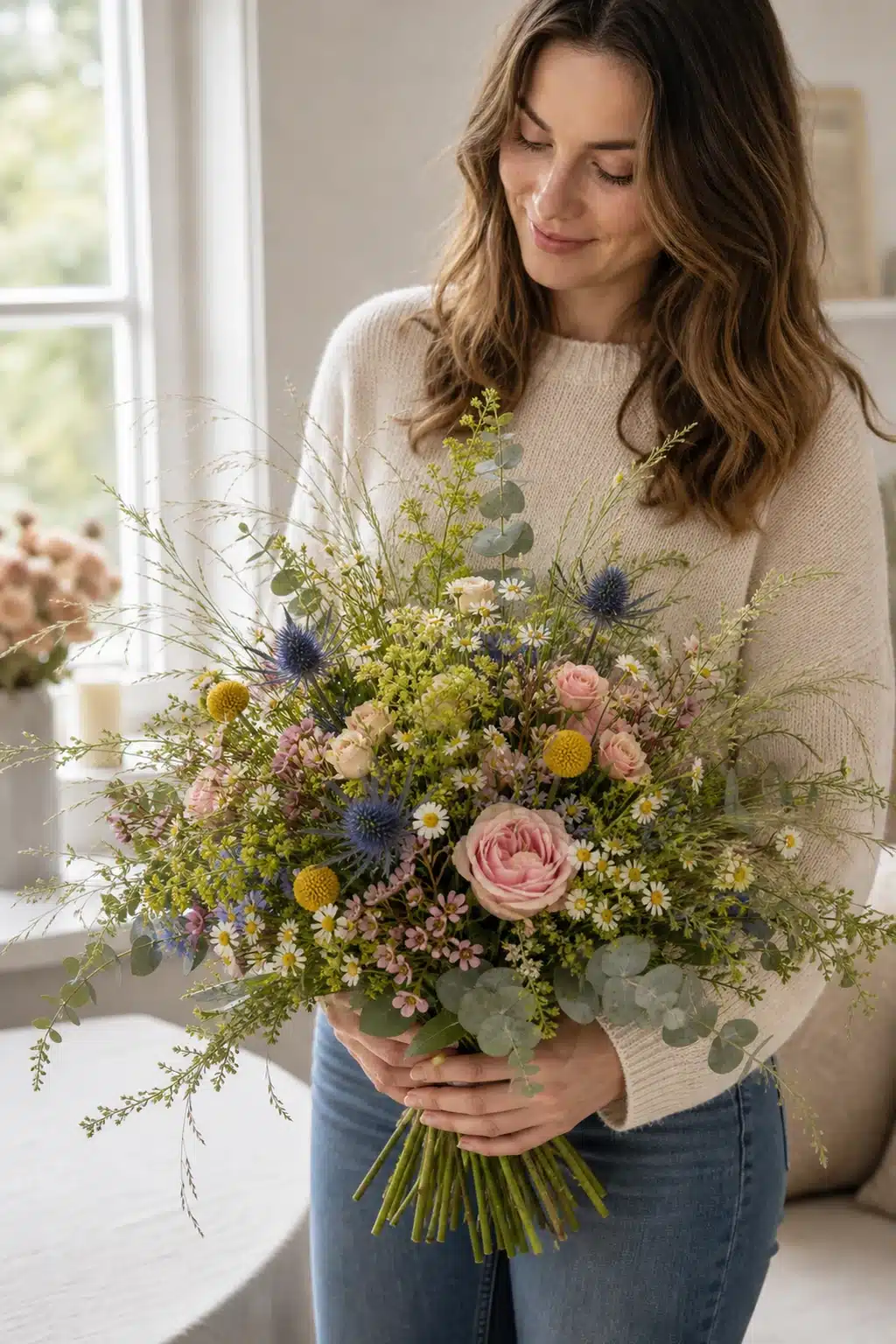 Blütenwiese 8 Empfaengerin haelt Bluetenwiese als lockeren Strauss mit blauen Disteln rosa Rosen Alchemilla Craspedia Waxflowers Kamille Eukalyptus und Beargras zuhause