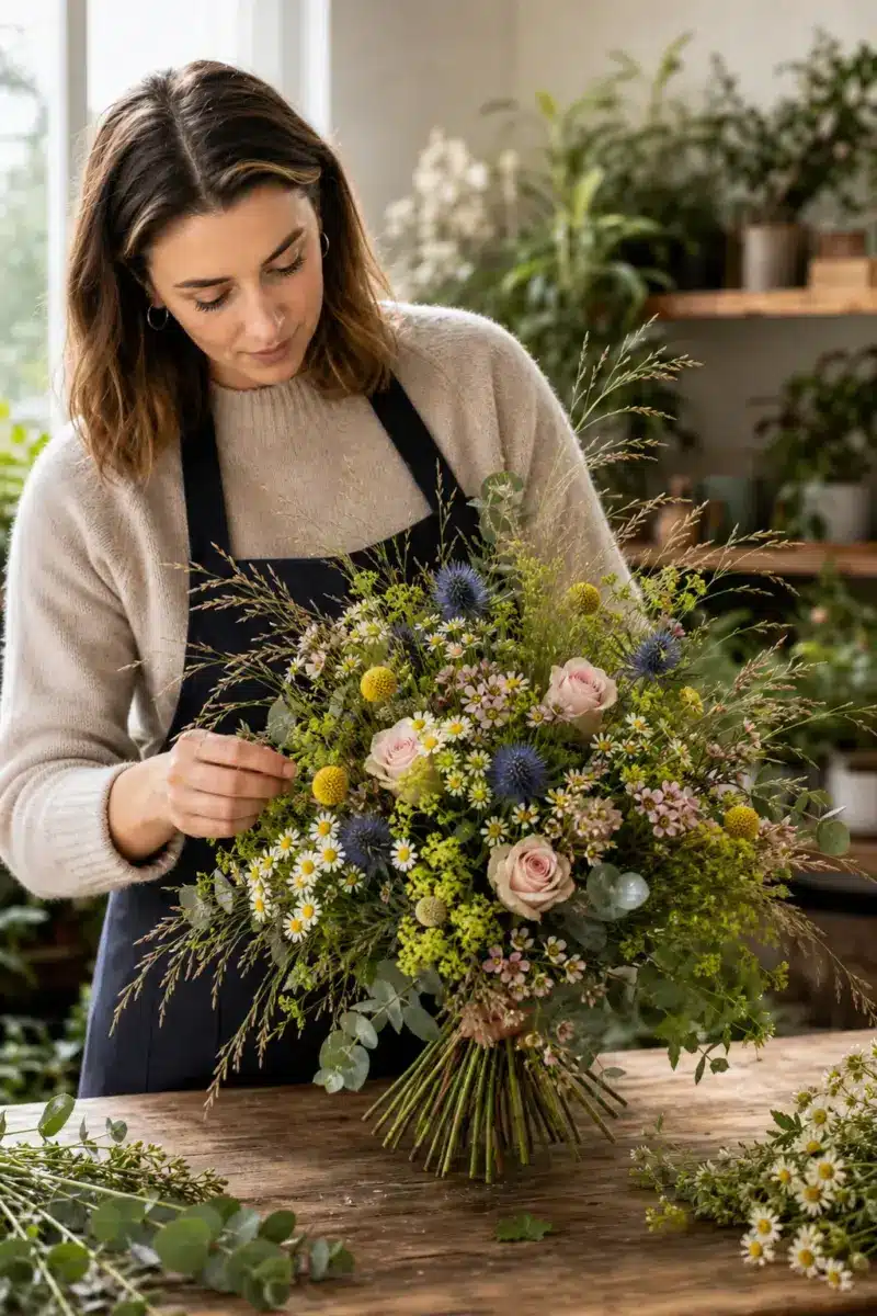 Floristin bereitet Bluetenwiese als lockeren Wiesenstrauss mit blauen Disteln rosa Rosen Alchemilla Craspedia Waxflowers Kamille Eukalyptus und Beargras vor