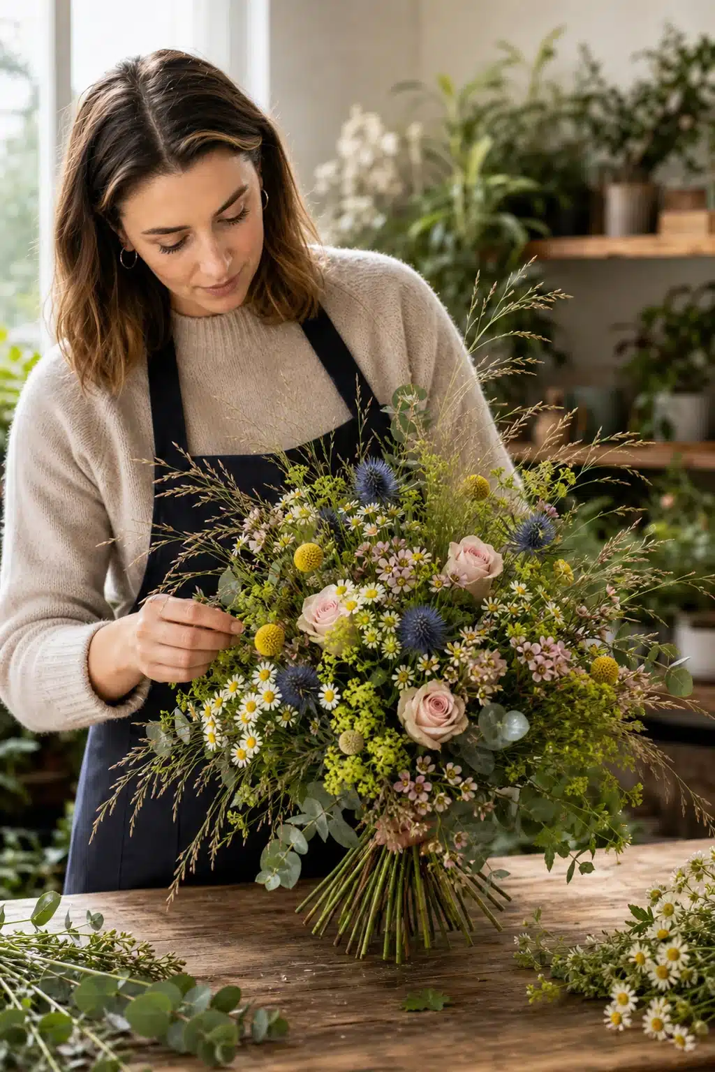 Blütenwiese 5 Floristin bereitet Bluetenwiese als lockeren Wiesenstrauss mit blauen Disteln rosa Rosen Alchemilla Craspedia Waxflowers Kamille Eukalyptus und Beargras vor
