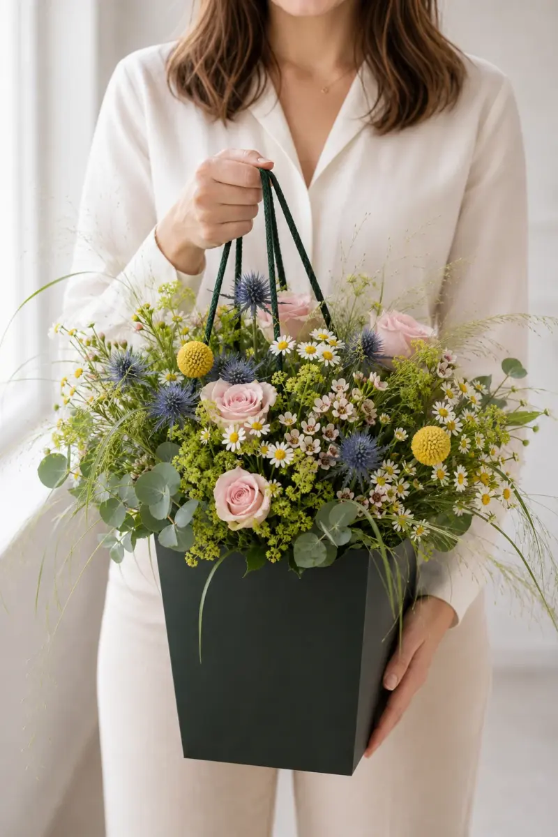 Bluetenwiese mit blauen Disteln rosa Rosen Alchemilla Craspedia Waxflowers Kamille Eukalyptus und Beargras im dunkelgruenen Flowerbag