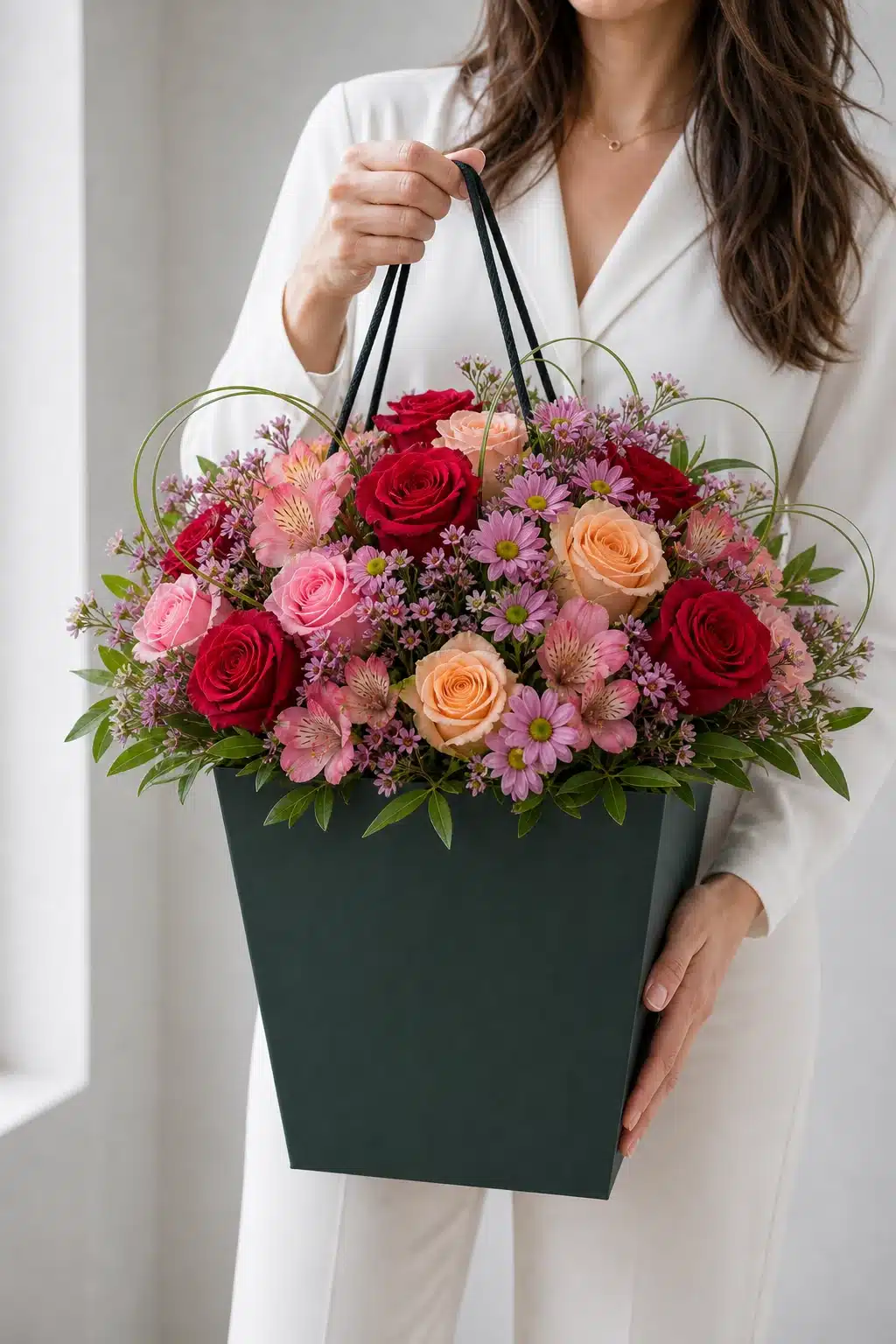 Charming 6 Romantischer Strauss Charming wird im dunklen Flowerbag gehalten