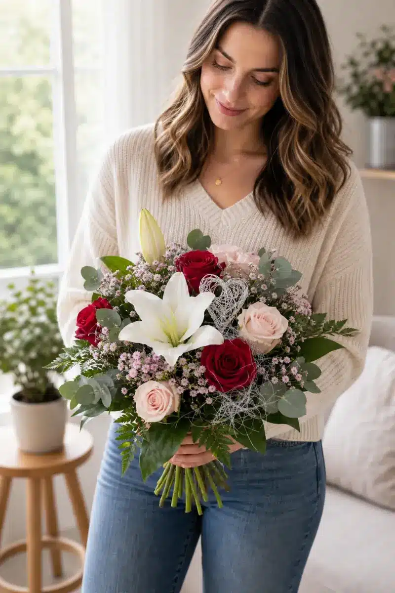 Empfaengerin haelt Danke fuer Alles mit weisser Lilie roten und rosa Rosen zuhause