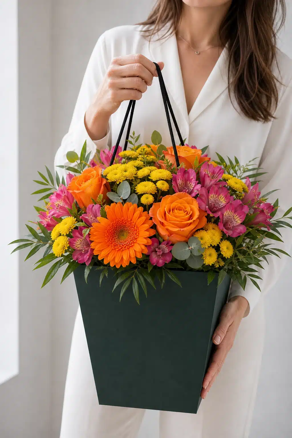 Dankeschön 6 Farbenfroher Strauss Dankeschoen wird im dunklen Flowerbag gehalten