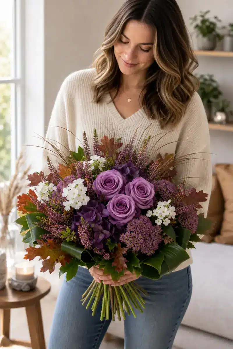 Empfaengerin haelt Deepwonder mit drei lila Rosen dunkellila Hortensie Sedum weissem Phlox Eichenlaub Calluna Texasgras Chico und Aspidistra zuhause - Blumenstrauß von Blumen Mankopf in Hagen