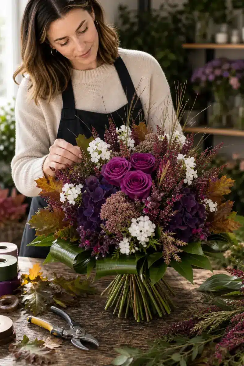 Floristin bereitet Deepwonder mit drei lila Rosen dunkellila Hortensie Sedum weissem Phlox Eichenlaub Calluna Texasgras Chico und Aspidistra vor - Blumenstrauß von Blumen Mankopf in Hagen