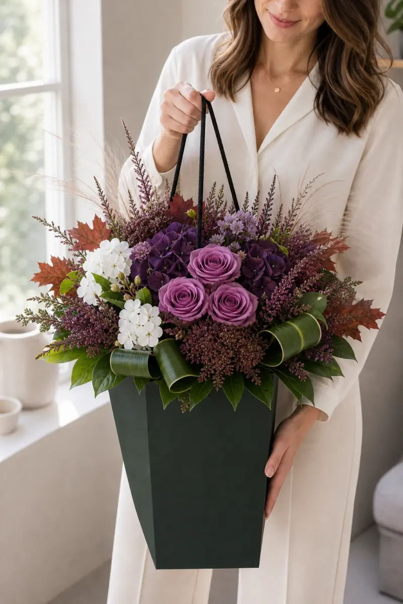 Deepwonder mit drei lila Rosen dunkellila Hortensie Sedum weissem Phlox Eichenlaub Calluna Texasgras Chico und Aspidistra im dunkelgruenen Flowerbag - Blumenstrauß von Blumen Mankopf in Hagen