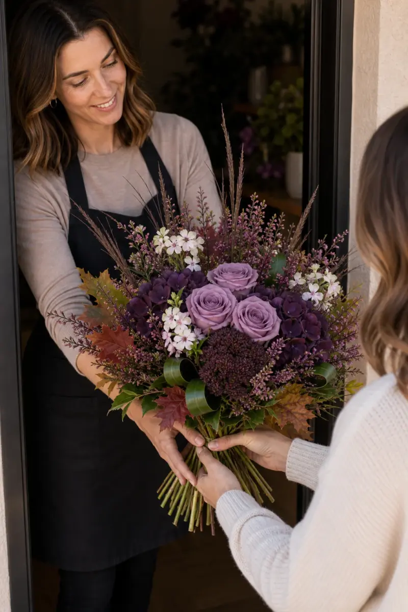 Deepwonder wird an der Haustuer direkt mit sichtbaren Stielen drei lila Rosen und dunkellila Hortensie uebergeben - Blumenstrauß von Blumen Mankopf in Hagen