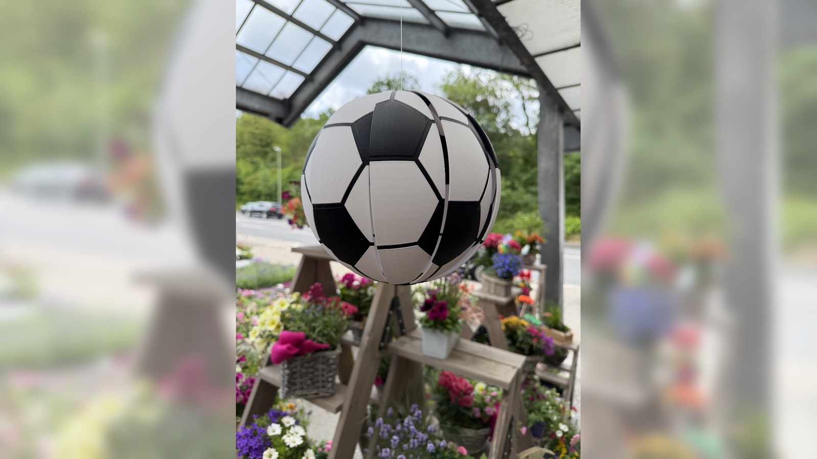 Fan-Stimmung für den Fußballabend 1 Fußball-Windspiel im Blumen-Mankopf-Gartencenter zwischen Sommerblumen.