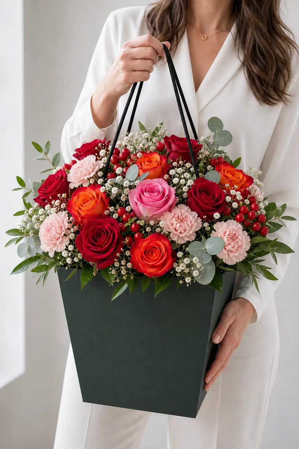 Geburtstagskuss 6 Geburtstagsstrauss Geburtstagskuss wird im dunklen Flowerbag gehalten