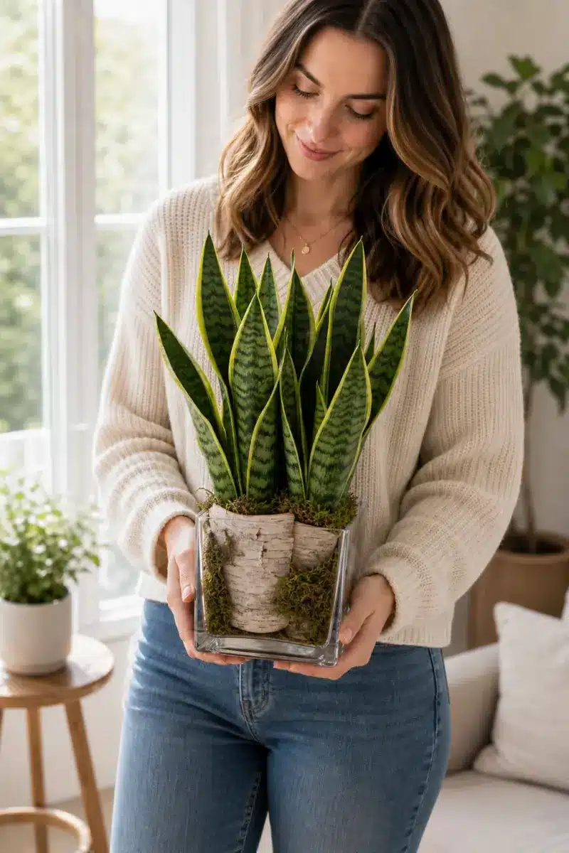 Empfaengerin haelt Green Time Sansevieria im Glas zuhause - Blumenstrauß von Blumen Mankopf in Hagen