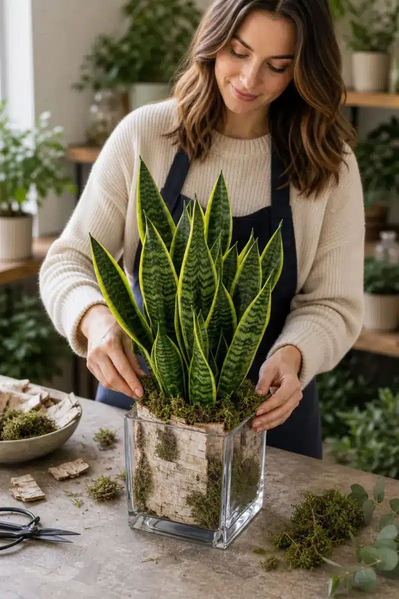Floristin bereitet Green Time Sansevieria im Glas mit Birkenrinde und Moos vor - Blumenstrauß von Blumen Mankopf in Hagen