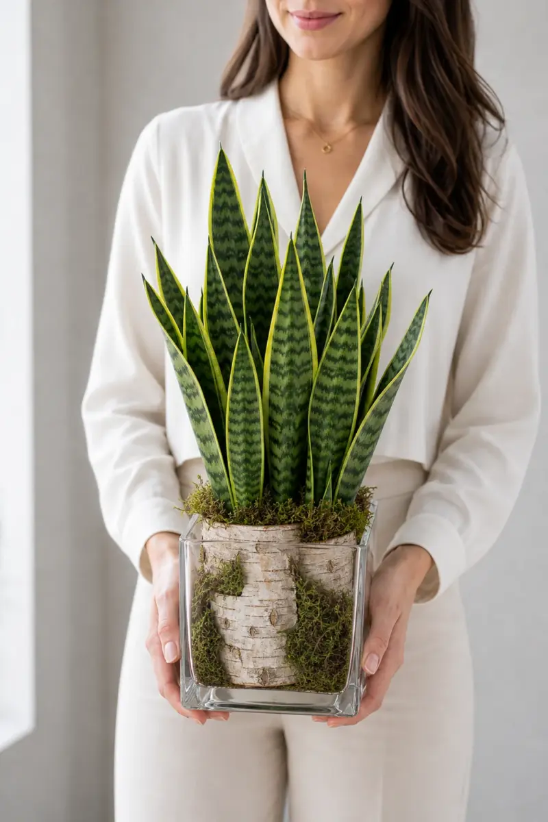 Green Time Sansevieria wird direkt im Glas mit Birkenrinde und Moos gehalten - Blumenstrauß von Blumen Mankopf in Hagen