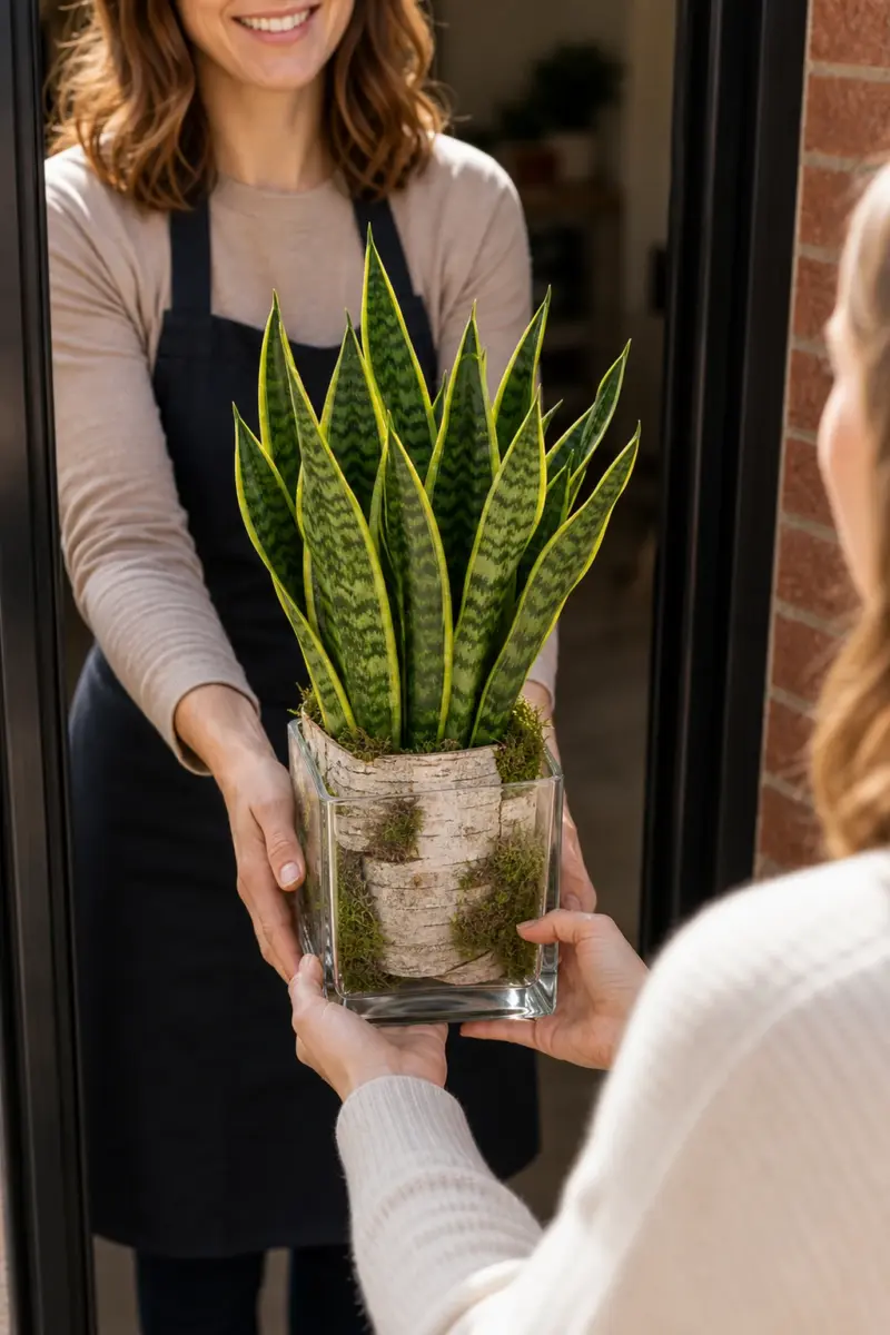 Green Time Sansevieria im Glas wird an der Haustuer uebergeben - Blumenstrauß von Blumen Mankopf in Hagen