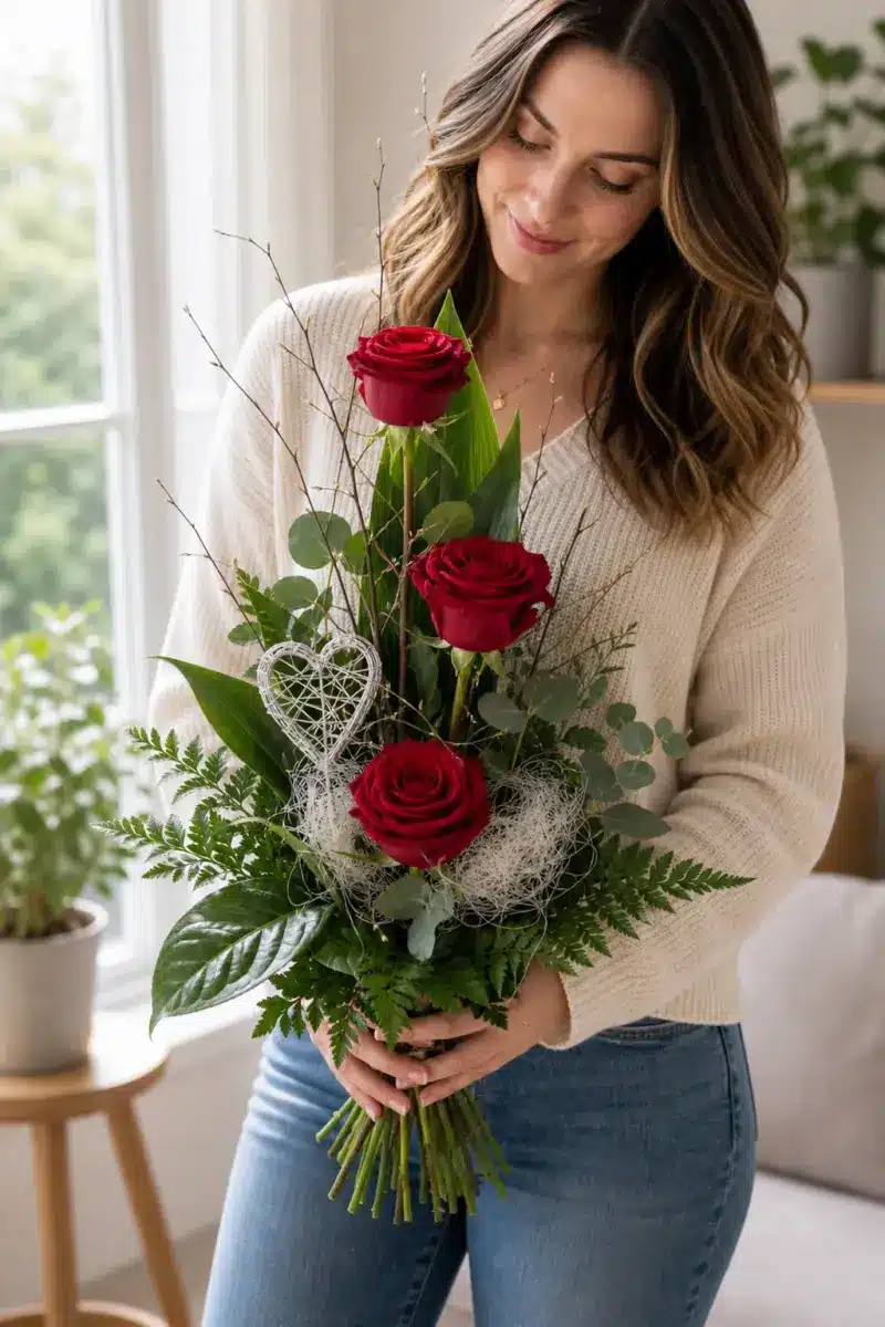 Empfaengerin haelt Hab Dich Lieb mit gestaffelten roten Rosen und Silberdraht-Herz zuhause