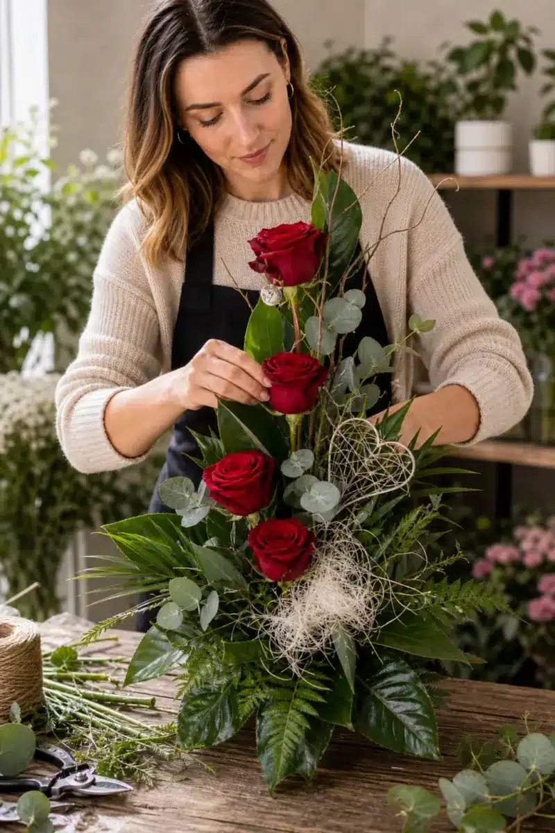 Floristin bereitet Hab Dich Lieb mit gestaffelten roten Rosen Eukalyptus Farn Sisal und Silberdraht-Herz vor