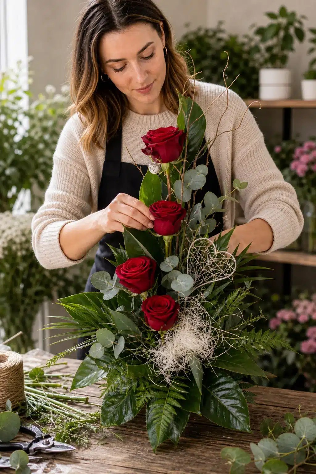 Hab Dich Lieb 5 Floristin bereitet Hab Dich Lieb mit gestaffelten roten Rosen Eukalyptus Farn Sisal und Silberdraht-Herz vor