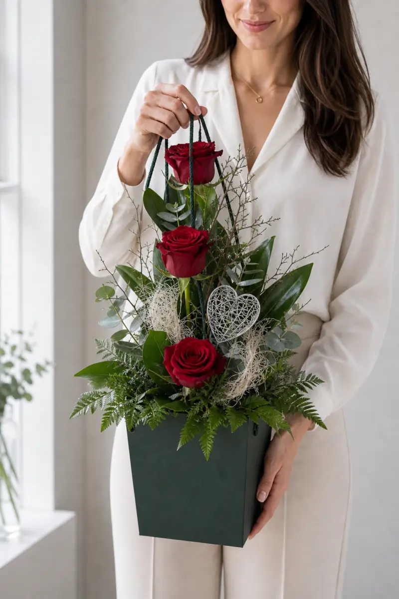 Hab Dich Lieb mit gestaffelten roten Rosen Gruen Sisal und Silberdraht-Herz im dunkelgruenen Flowerbag