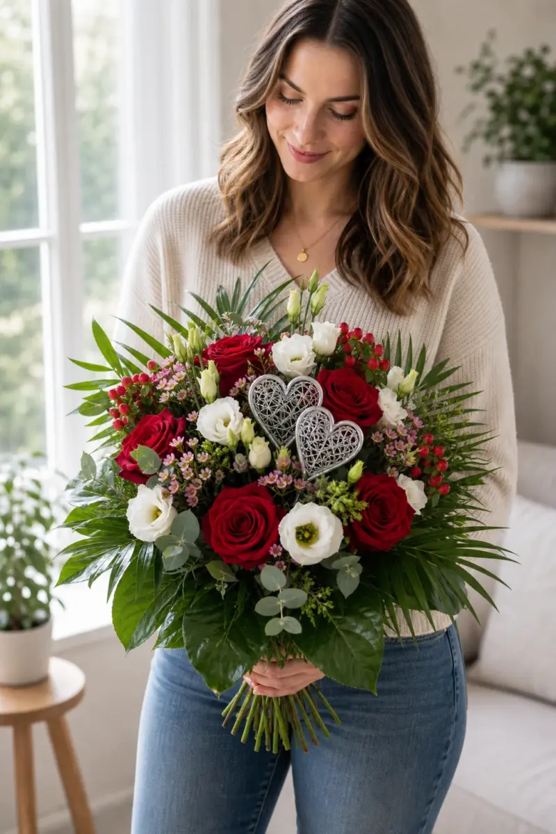 Empfaengerin haelt Herzensbrecher mit roten Rosen Eustoma Hypericum und zwei Silberherzen zuhause