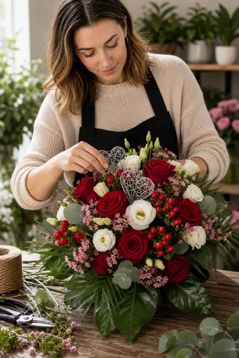 Floristin bereitet Herzensbrecher mit roten Rosen weissem Eustoma Hypericum Waxflowers und zwei Silberherzen vor