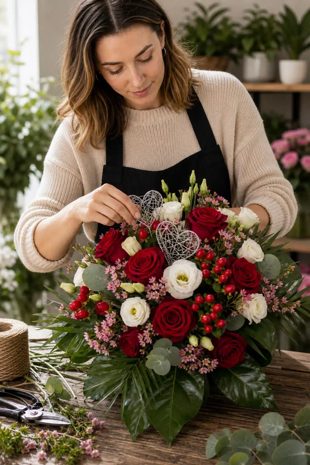 Herzensbrecher 5 Floristin bereitet Herzensbrecher mit roten Rosen weissem Eustoma Hypericum Waxflowers und zwei Silberherzen vor