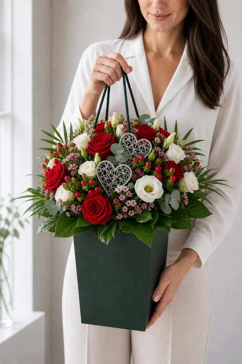 Herzensbrecher mit roten Rosen weissem Eustoma Hypericum Waxflowers und zwei Silberherzen im dunkelgruenen Flowerbag