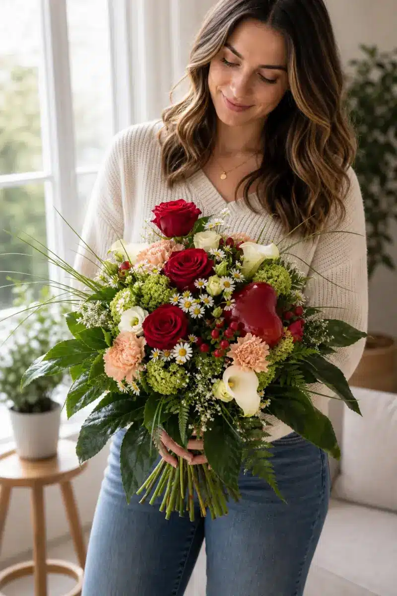 Empfaengerin haelt Herzmensch mit roten Rosen Kamille Nelken Viburnum und rotem Herz zuhause