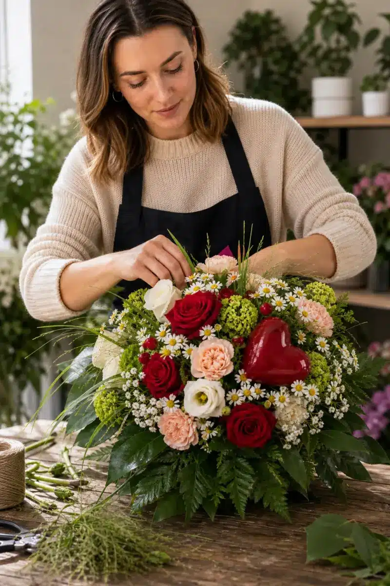 Floristin bereitet Herzmensch mit roten Rosen Kamille Nelken Viburnum und rotem Herz vor