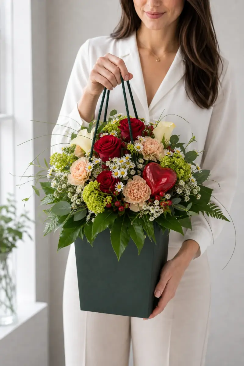 Herzmensch mit roten Rosen Kamille Nelken Viburnum Farn und rotem Herz im dunkelgruenen Flowerbag