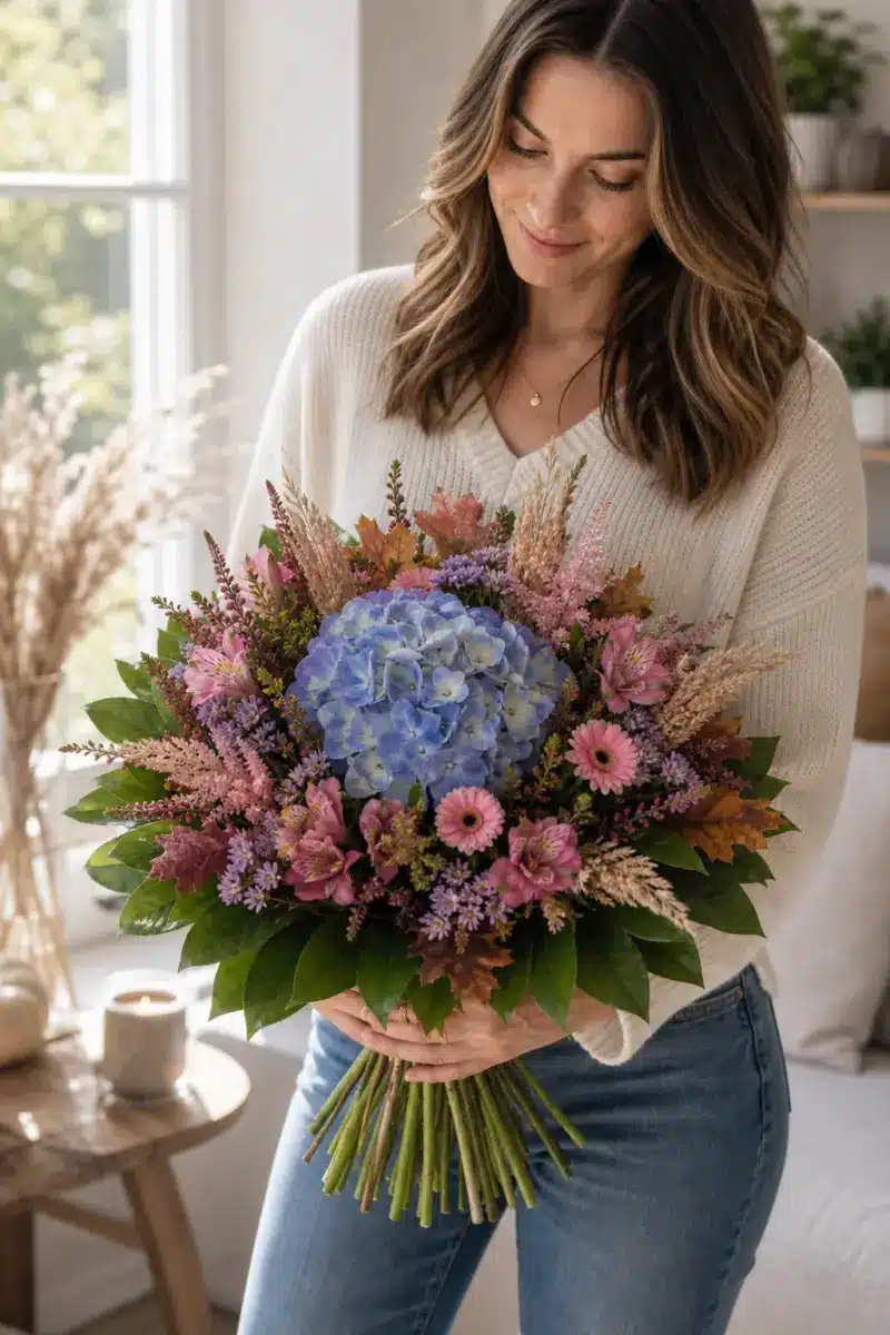 Empfaengerin haelt Hortensientraum mit grosser blauer Hortensie Astilben Alstromerien Limonium rosa Mini Gerbera Calluna Aehren Eichenlaub Salal und Chico zuhause - Blumenstrauß von Blumen Mankopf in Hagen