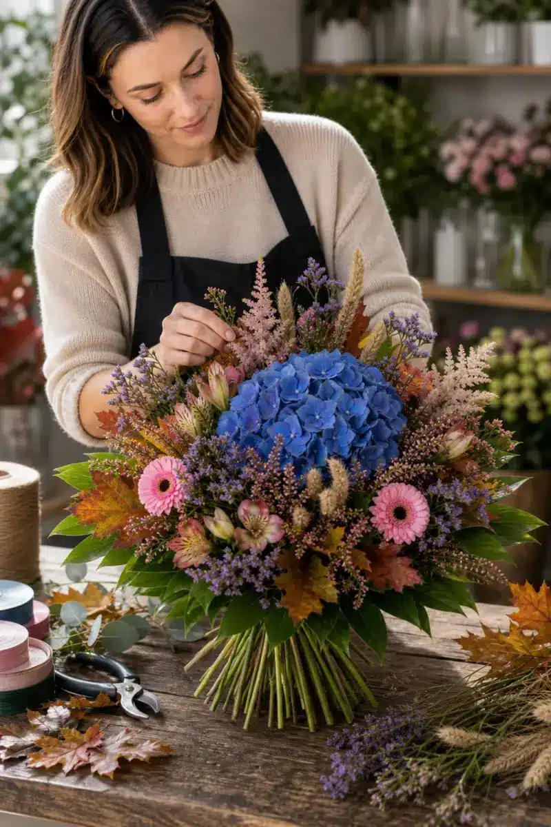 Floristin bereitet Hortensientraum mit grosser blauer Hortensie Astilben Alstromerien Limonium rosa Mini Gerbera Calluna Aehren Eichenlaub Salal und Chico vor - Blumenstrauß von Blumen Mankopf in Hagen
