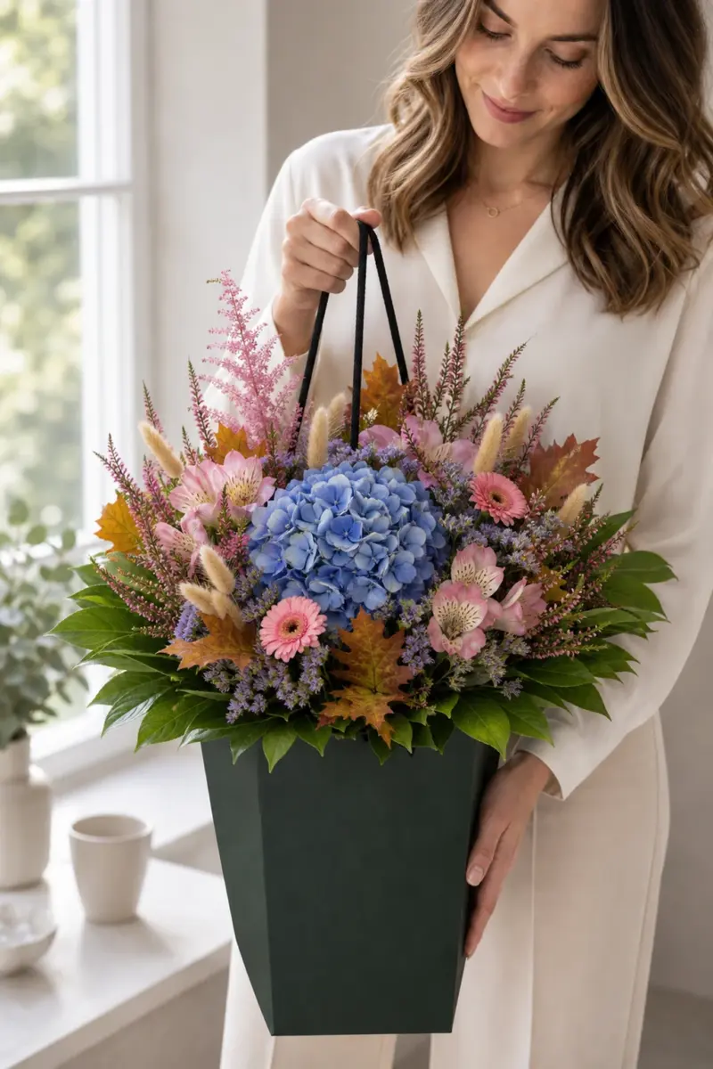 Hortensientraum mit grosser blauer Hortensie Astilben Alstromerien Limonium rosa Mini Gerbera Calluna Aehren Eichenlaub Salal und Chico im dunkelgruenen Flowerbag - Blumenstrauß von Blumen Mankopf in Hagen