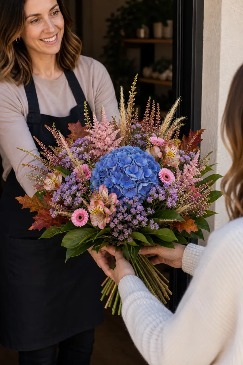 Hortensientraum wird an der Haustuer direkt mit sichtbaren Stielen und grosser blauer Hortensie uebergeben - Blumenstrauß von Blumen Mankopf in Hagen