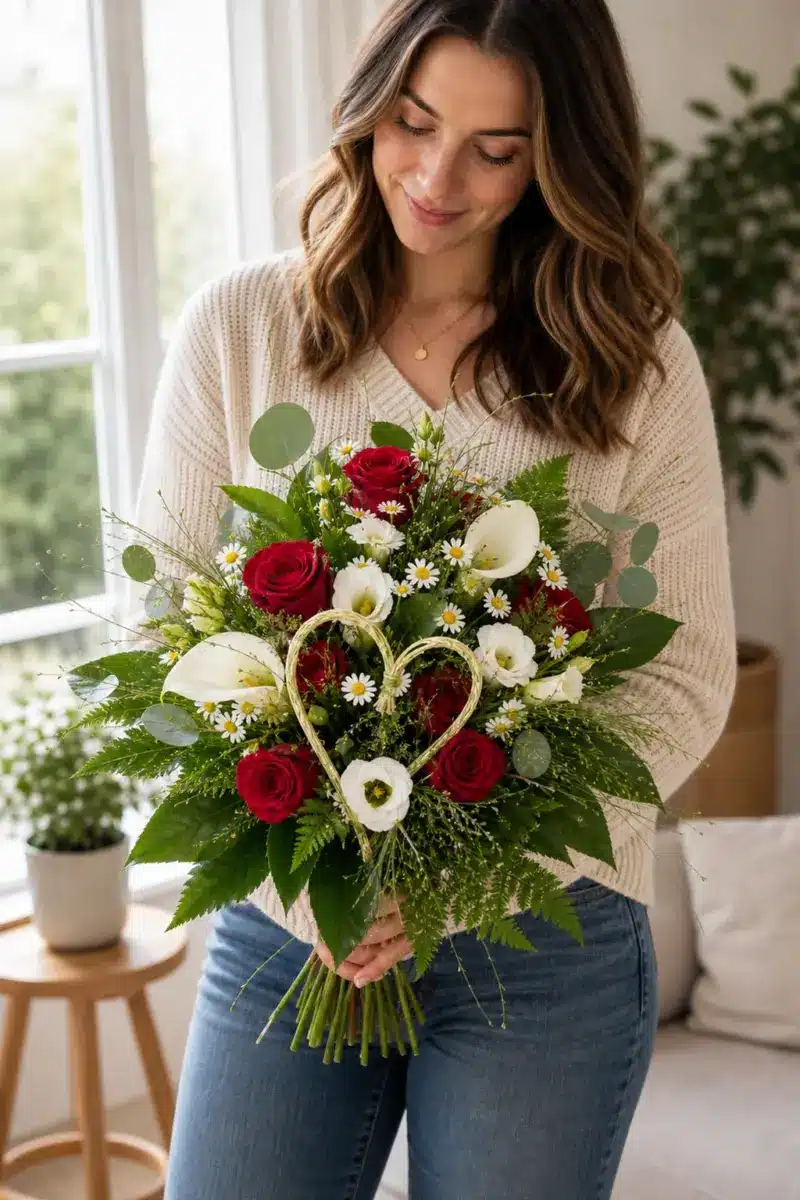 Empfaengerin haelt Ich mag Dich mit roten Rosen weissen Calla Kamille und Eukalyptus zuhause - Blumenstrauß von Blumen Mankopf in Hagen