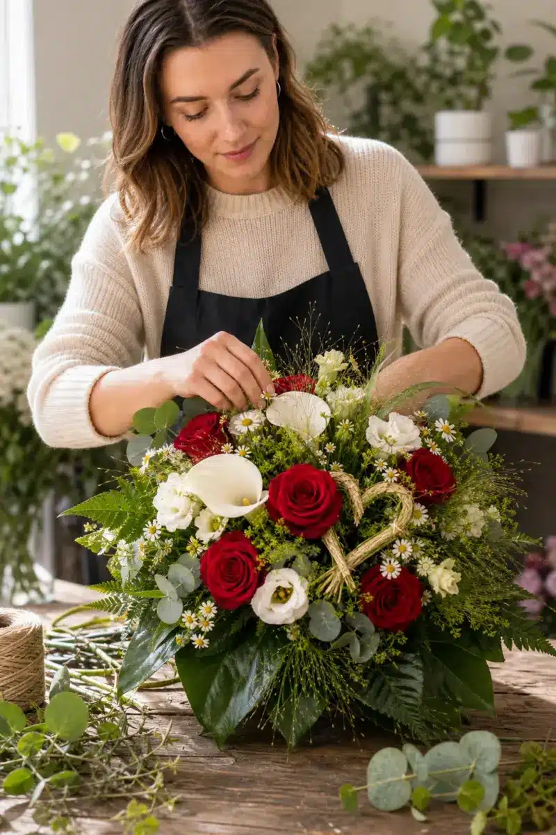 Floristin bereitet Ich mag Dich mit roten Rosen weissen Calla Kamille und Herz-Zweigen vor - Blumenstrauß von Blumen Mankopf in Hagen