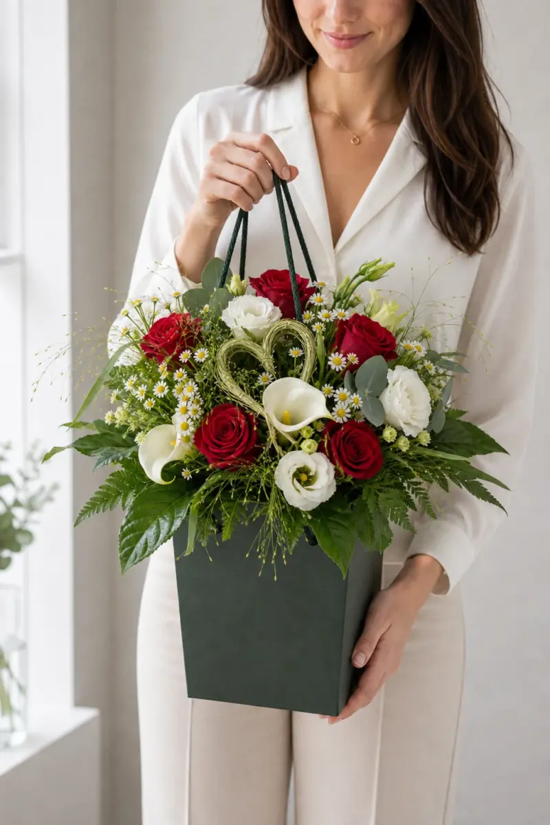 Ich mag Dich mit roten Rosen weissen Calla Kamille Eukalyptus und Herz-Zweigen im dunkelgruenen Flowerbag - Blumenstrauß von Blumen Mankopf in Hagen